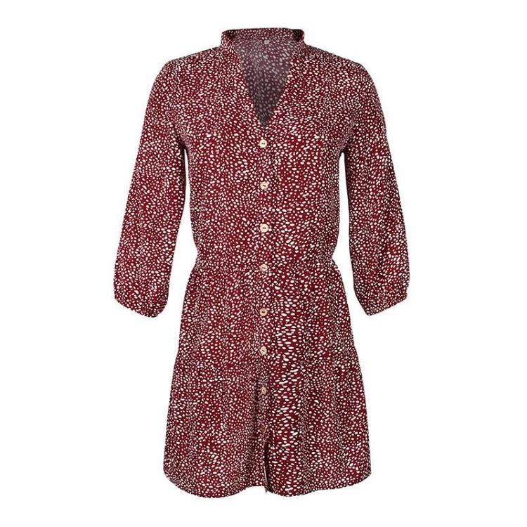 Women Summer Casual V-neck Mini Dress Three Quarter Sleeve Single Breasted Print Above Knee Sizes S-XL Black White Burgundy