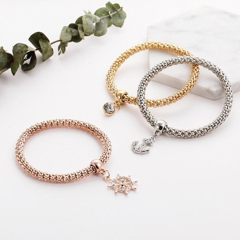 3 Pcs/Set Crystal Owl Crown Charm Bracelets&Bangles 3 Color Rose Gold Color Elephant Anchor Pendants