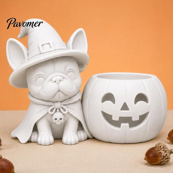 Festive Home Decorations Halloween French Bulldog Witch Statue, 3D Printed Pumpkin Candle Holder, Party Table Decor Cute Dog Figurine Tabletop