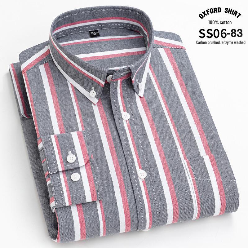 Men's Long-Sleeve Cotton Oxford Plaid Stripe Shirt - Business Casual