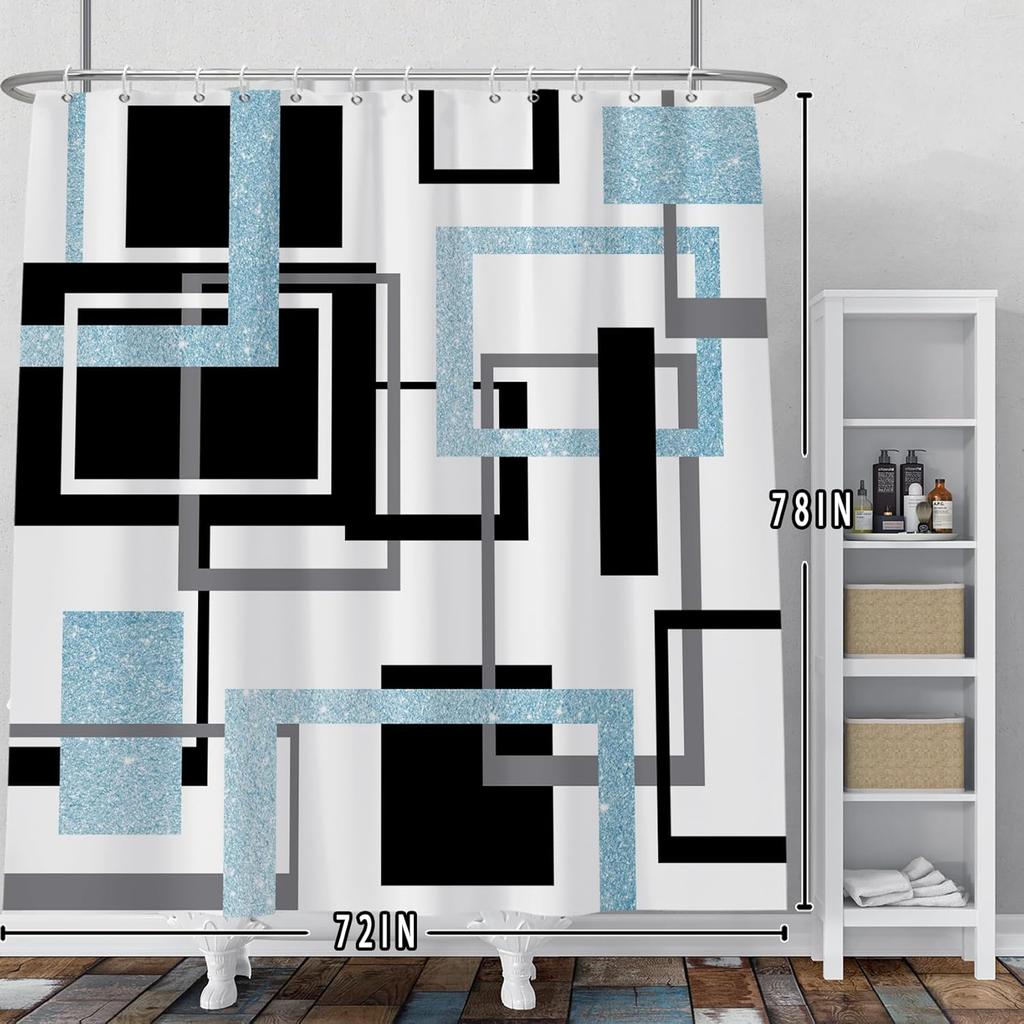 Baocicoo Modern Geometric Shower Curtain Sets Black White Blue Shower Curtains for Bathroom Geometry Squares Abstract Minimalism
