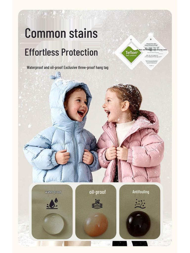 2025 Winter Girls' White Duck Down Jacket: Solid Color Hooded Casual Warm Coat