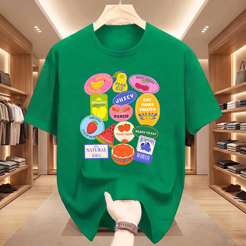Summer Unisexs Fruit Stickers Graphic Print Tshirt Streetwear Oversized Loose Casual Short Sleeve Suitable For All Seasons Tops