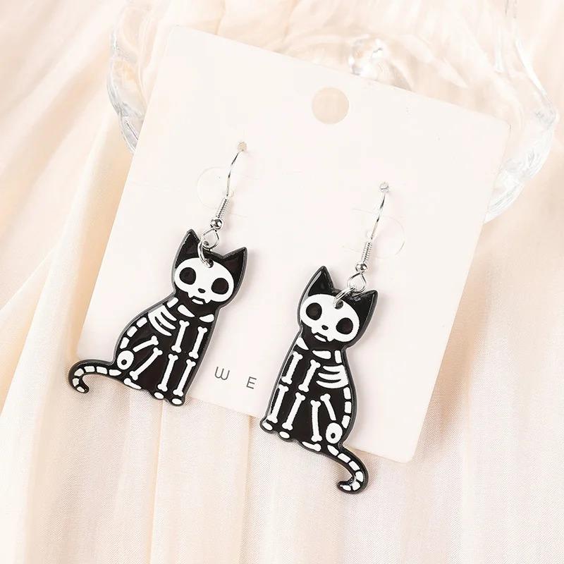 1Pair Halloween Black Cat Exposed Bone Drop Earrings Fashion Acrylic Skull Black Cat  for Women Festival Birthday Gift