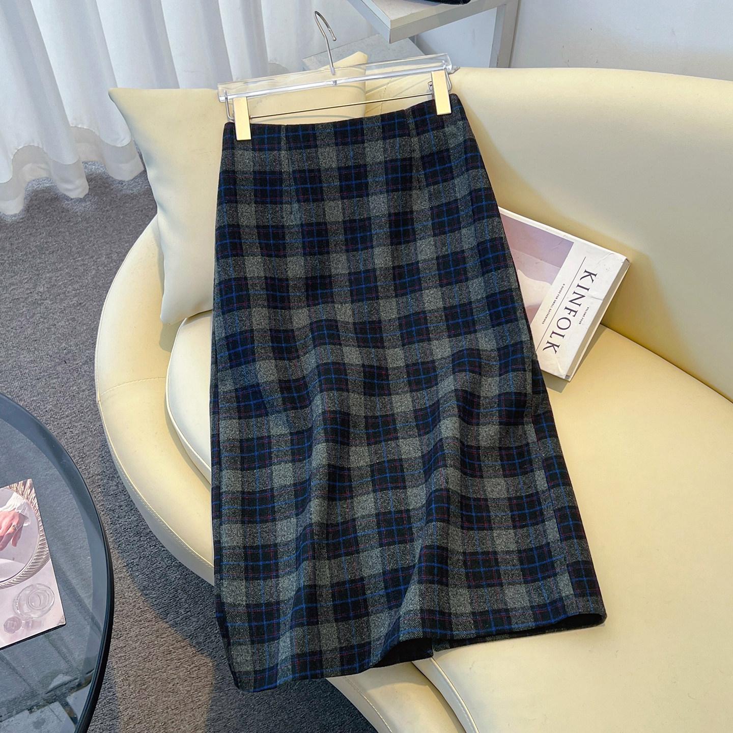 

Women s Woolen Plaid High-Waisted A-Line Midi Skirt with Back Slit – 2025 Autumn/Winter Collection XL темно-синього кольору