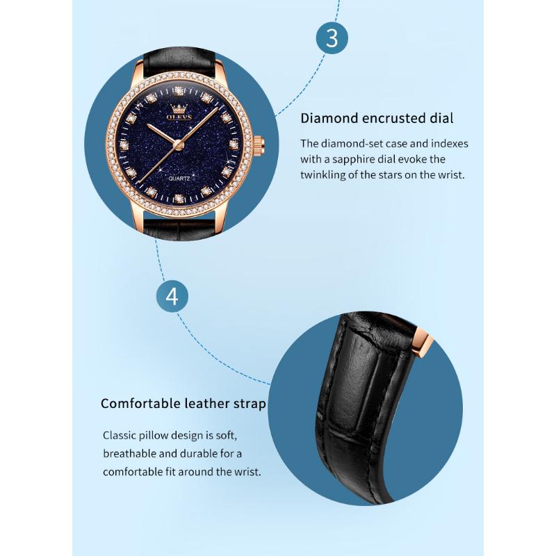 OLEVS Women's Watches Elegant Fashion Quartz Wristwatch for Ladies Diamond Scale Starlight Dial Waterproof Luminous Leather Wristwatch