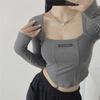Crop top da donna con scollo quadrato, design a lisca di pesce, strisce piccanti, maniche lunghe