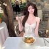 French Pure Desire Waist Pinch Dress Women's Summer New Beige Holiday Style Lace-up Chest Suspender Skirt