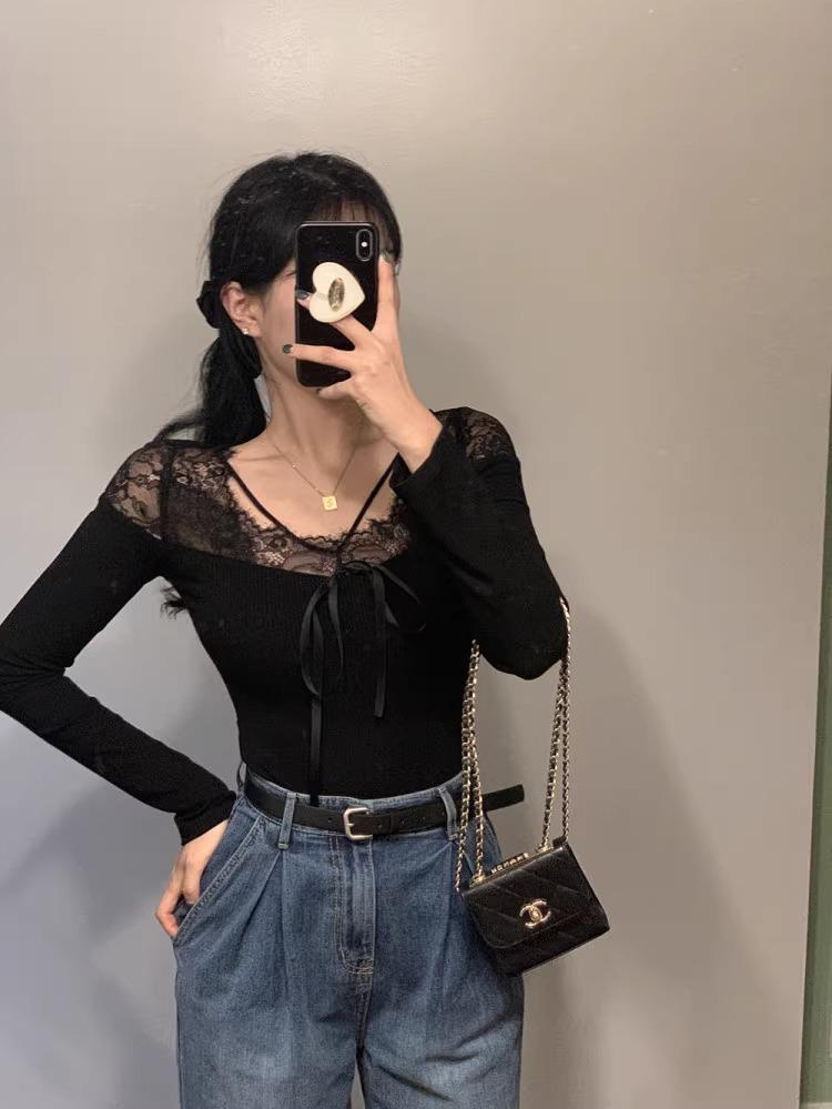 Korean Dongdaemun Women's Sexy Lace Spliced Slim Knit Sweater