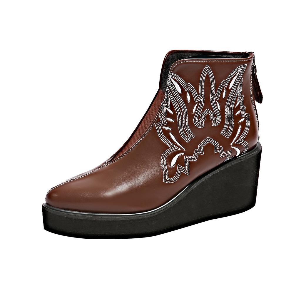 Women Embroidered Platform Pu Leather Punk Ankle Boots Autumn Winter New Fashion Chunky Wedges Boots Woman Slip On Gothic Shoes