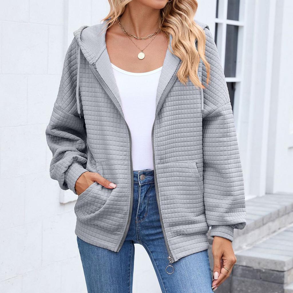 Women's Fashionable Solid Color Zipper Long Sleeved Hooded Pocket Sweatshirt Jacket