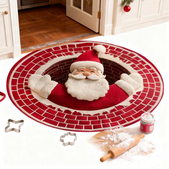 Christmas 3D Rug Optical Illusion Santa Claus Round Floor Mat Non-Slip Xmas