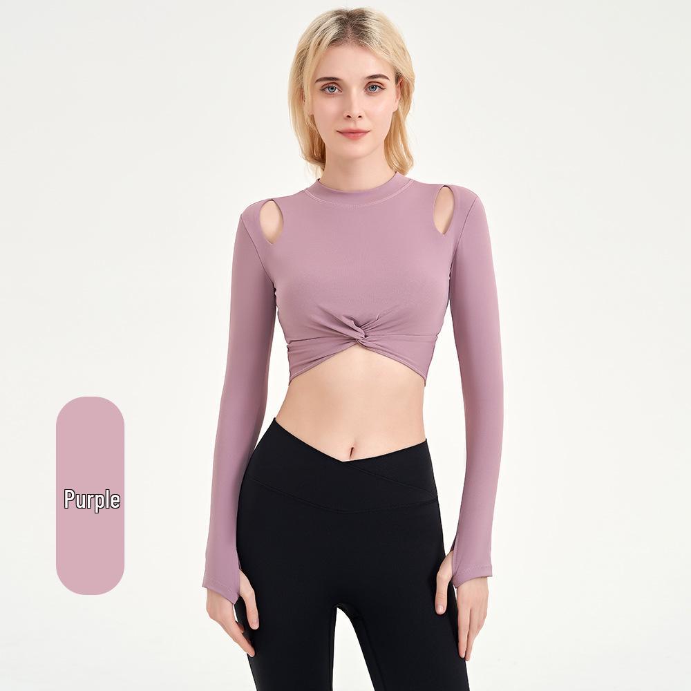 U-Back Long Sleeve Yoga Top with Semi-Fixed Teardrop Cups - Breathable, Quick-Drying Fitness Wear for Autumn & Winter