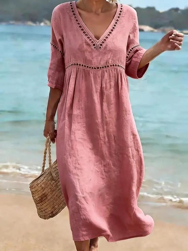2026 Abito Elegante Casual da Donna a Scollo a V Monocolore Primavera/Estate