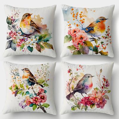 4Pcs, Watercolor Floral and Bird Pillow Covers, Single-Sided, Zipper Closure, Washable Polyester - Perfect for Sofa, Living Room, Bedroom Decor