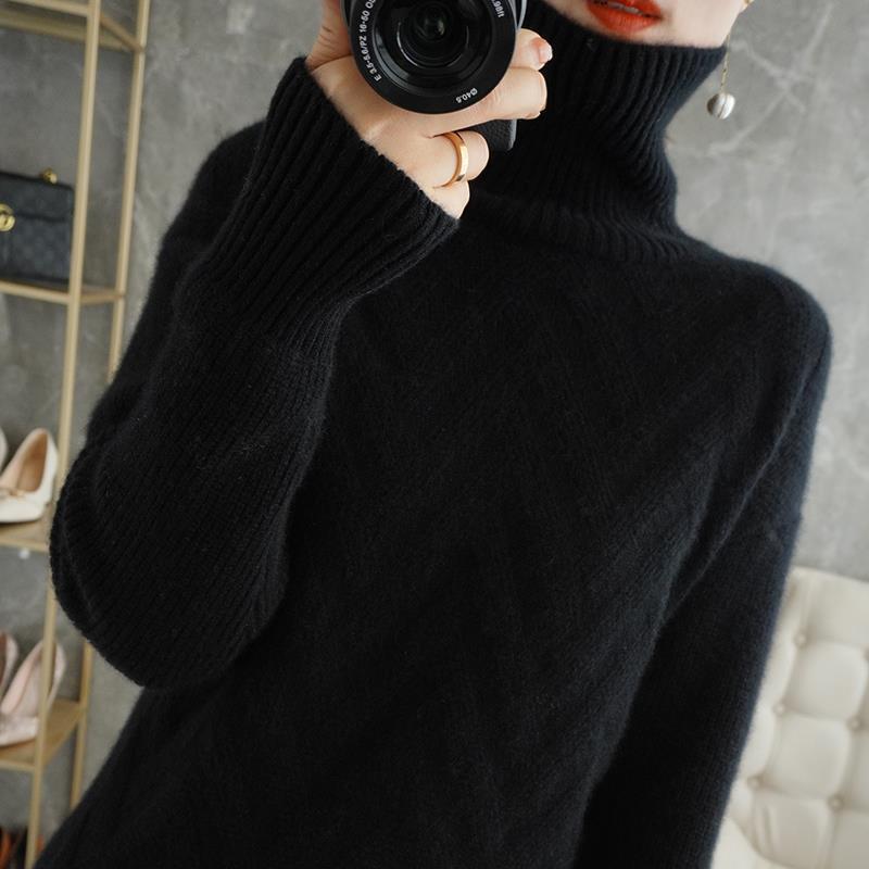 

Autumn and Winter High Neck Knitted Sweater for Women Loose Pullover Solid Color Sweater for Women 3XL