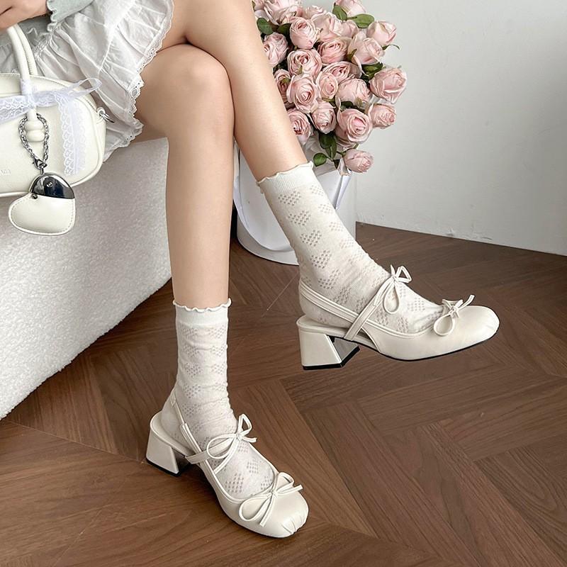 Silver Baotou Premium Mary Jane Sandals Thick Heel Bow Fairy Style French Pleated Single Shoes High Heel Sandals