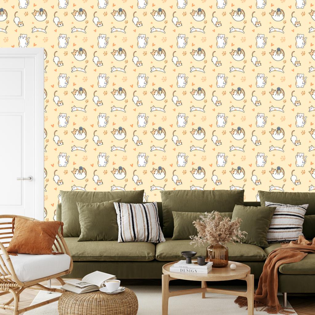 Cream and white Cats wallpaper for living room and bedroom 50x1000
