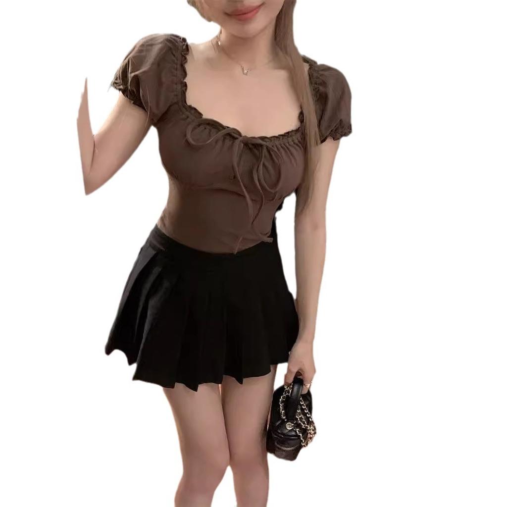 Spice Girl < Unk > Wind Short-sleeved T-shirt Summer New French Retro Fungus Edge Slim and Thin Short Sexy Ins Top
