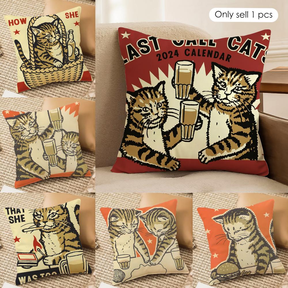 Artisian Drunk Cats Cushion Cover Silky Short Plush Invisible Zipper Dustproof Sofa Pillow Case for Home Decor