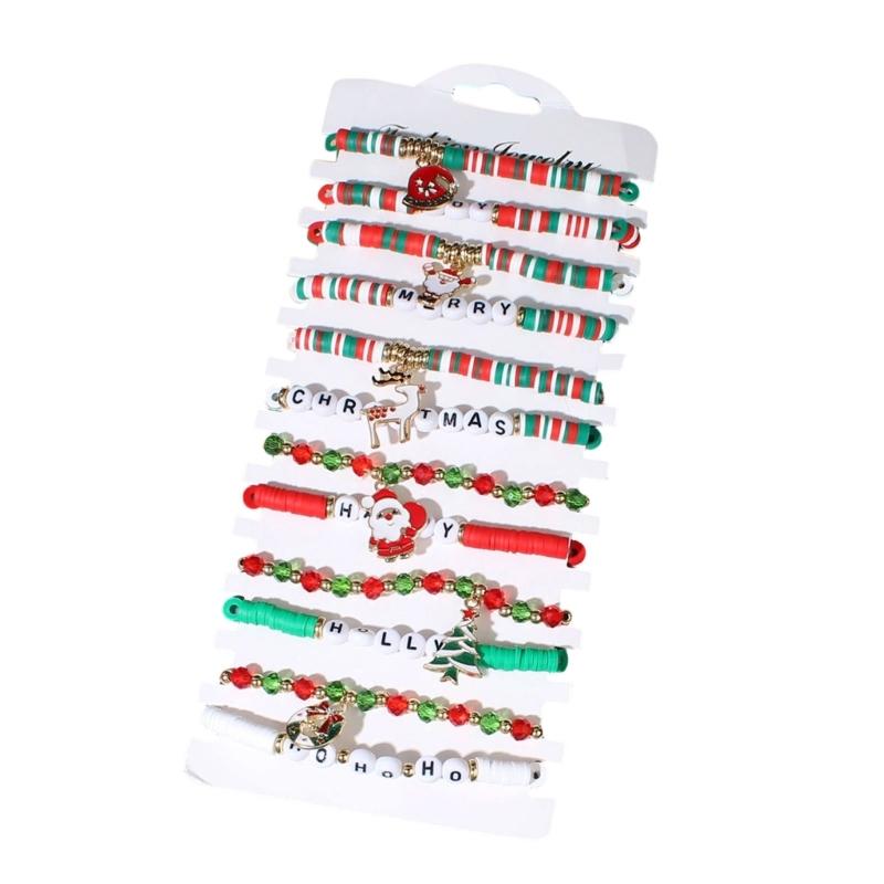 12PCS Christmas Charm Bracelet Set For Women Adjustable Snowflake Santa Snowman Design Zinc Alloy Holiday Jewelry Gift