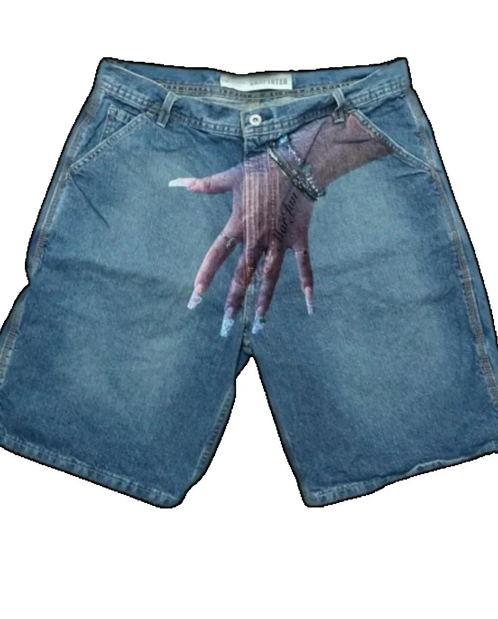 

Y2k Hands Print Vintage Baggy Jeans Shorts Streetwear Jorts Korean Shorts Cargo Harajuku Korean Denim Blue L