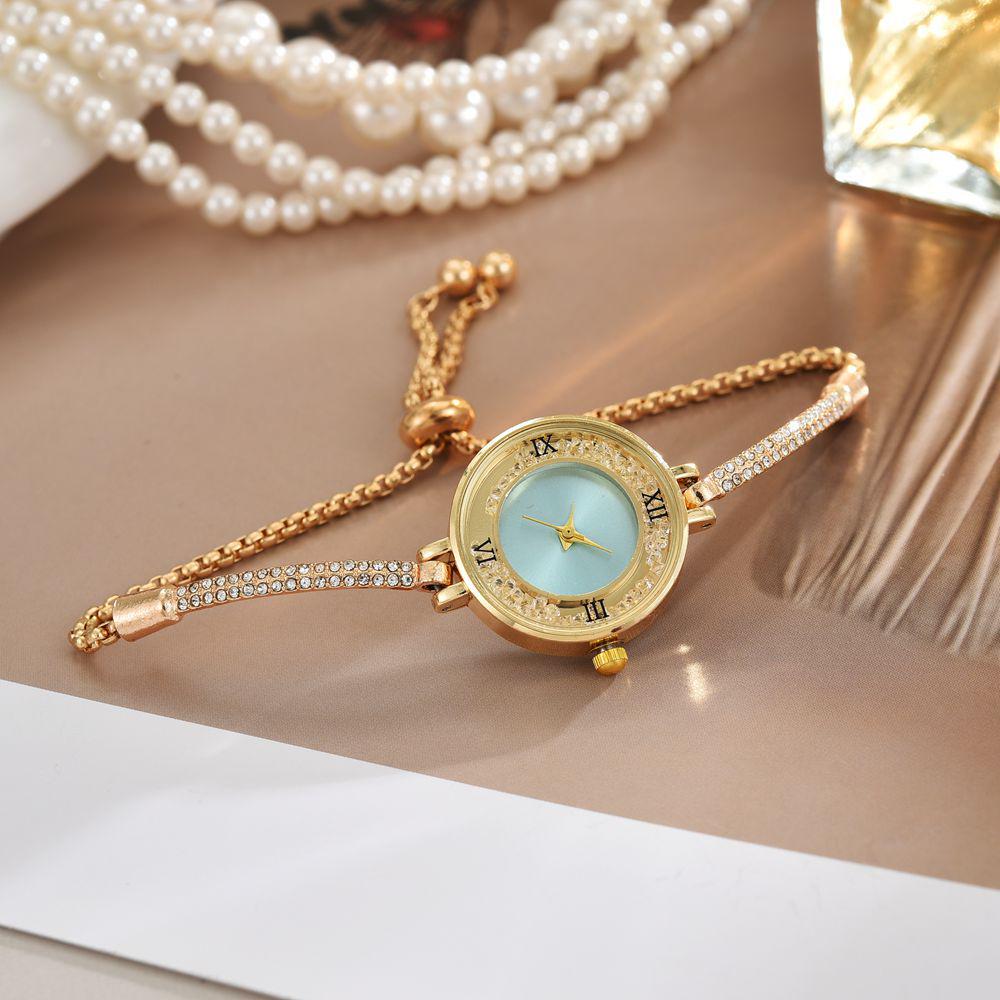 Elegant Petite Quicksand Water Diamond Bracelet Watch with Bangle, Perfect for College Students