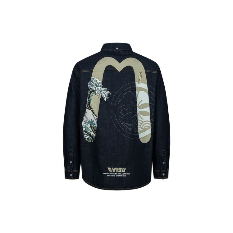 Evisu SS24 Family Flower Stitching And Kanagawa Surfing Big M Print Casual Wide Denim Shirt Men Shirts Denim-Blue 2ESHTM4DL7012RXDN