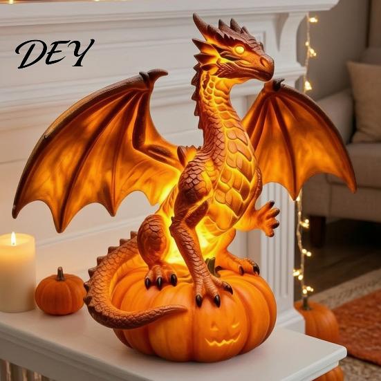 Lampada da Tavolo Luminosa Atmosferica Drago Luce Solare da Giardino, Notte di Halloween Zucca Gotica in Resina Accenti per Interni di Casa Ringraziamento Statua, Medievale