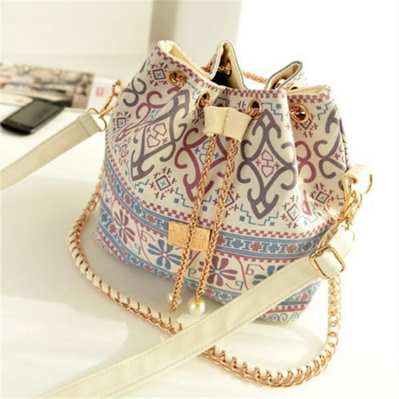 Oxford Canvas Bucket Bag For Women With Flower Print Design And Chain For Daily Use