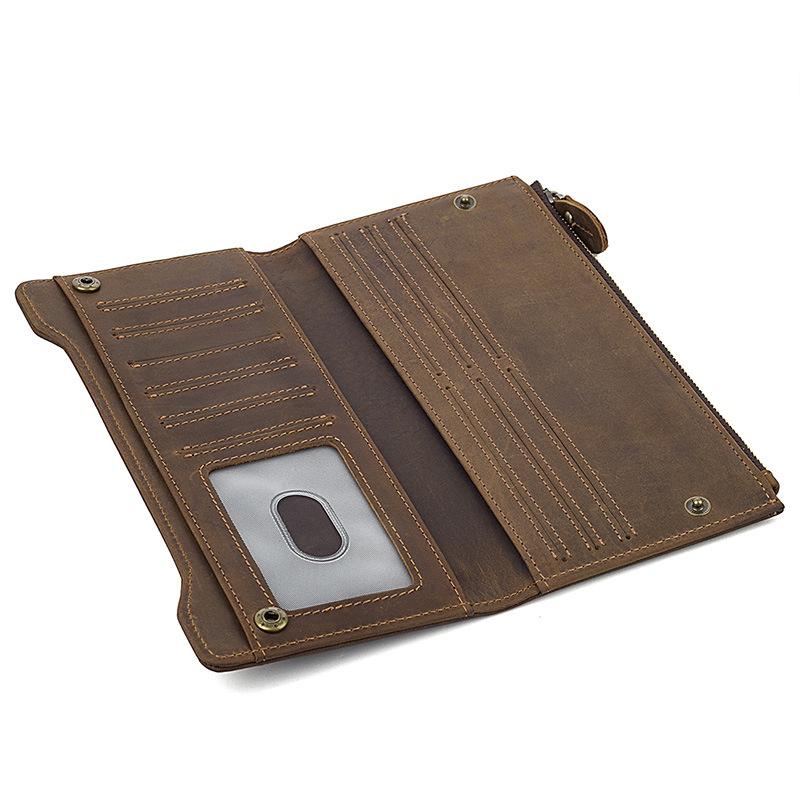 Crazy Horse Leather Long Wallet for Men Full Grain Cowhide Retro Business Wallet Handmade Snap Closure Card Holder Ready Stock