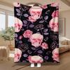 Pink Skulls And Roses Pattern, Gothic Art Lover Gift, Soft Fleece Blanket, Black Background with Floral Motif, Multi-Purpose Home Decor, Cozy Warm Thr
