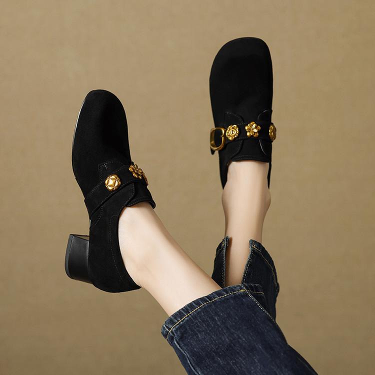 

Great good to wear French loafers women s spring and autumn rhinestone round head middle heel coarse heel matte deep mouth single shoes women brown b 40 чёрный