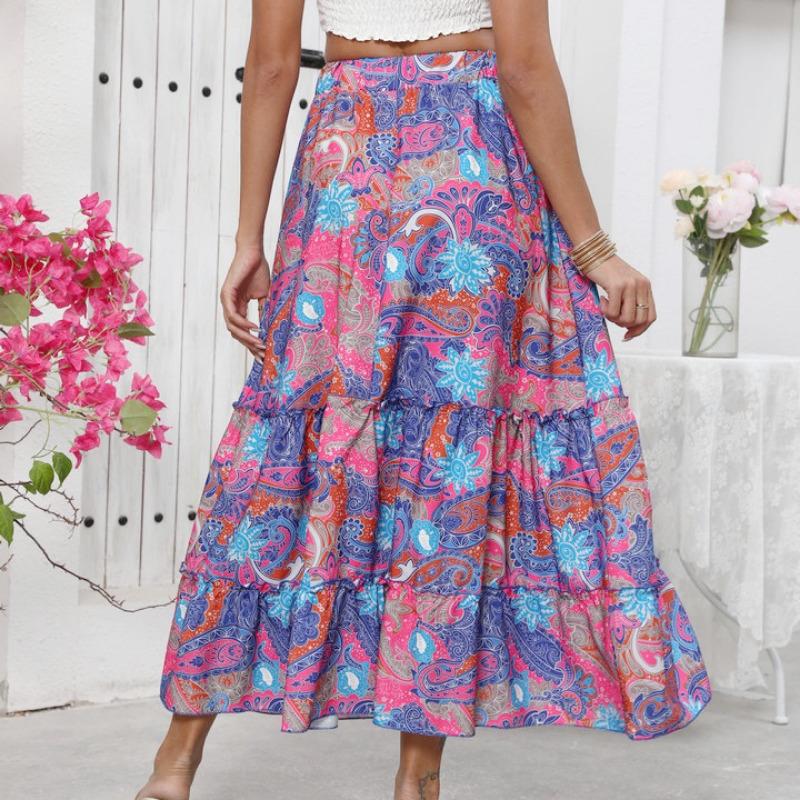 Sommar Ny Böhmisk Semesterstil Tryckt Kjol för Kvinnor Mode A-linje Hög Midja Plisserad Lös Damkjol Vintage Slim Dam Långkjol 26269