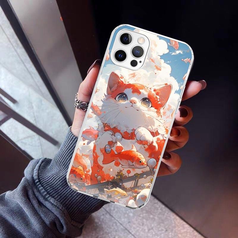 Cartoon Cute Cat Fish Aesthetic Phone Case For iPhone 17 Air 11 13 Mini 14 15 Plus 16 12 Pro Max 16E SE 7 8 Pattern Soft TPU Bac