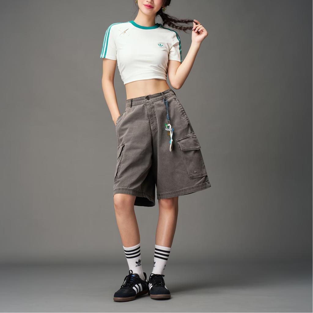 Adidas Originals Logo Streifen Neuer Chinesischer Stil Cropped Plissiertes Sport Kurzarm T-Shirt Damen Oberteile KC5852