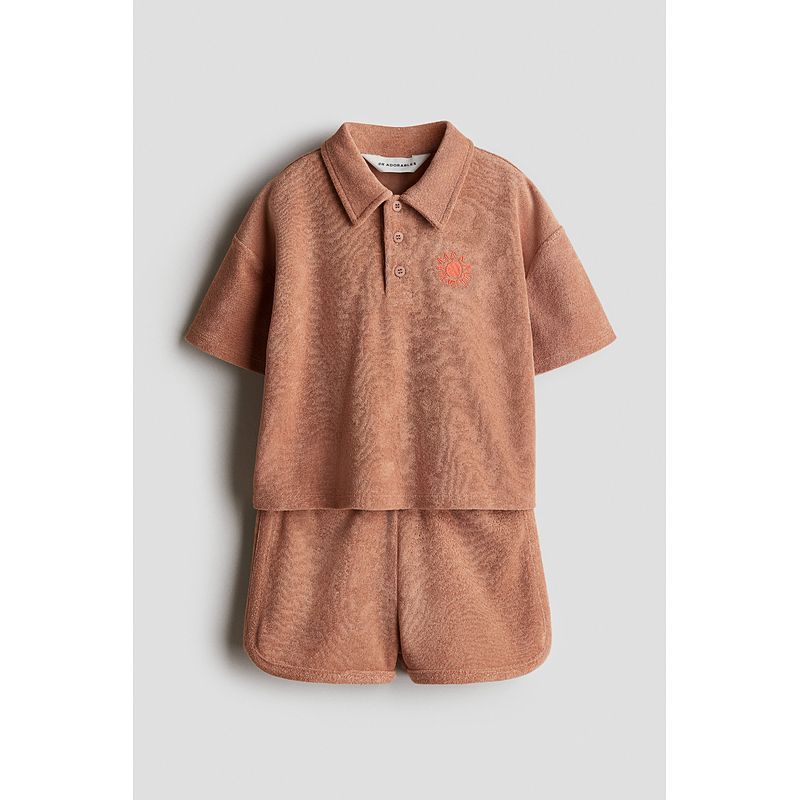 

HM Children s Clothing Boys Suit 2025 Summer Textured Polo Shirt 2-Piece Looped Fabric Suit 1276072