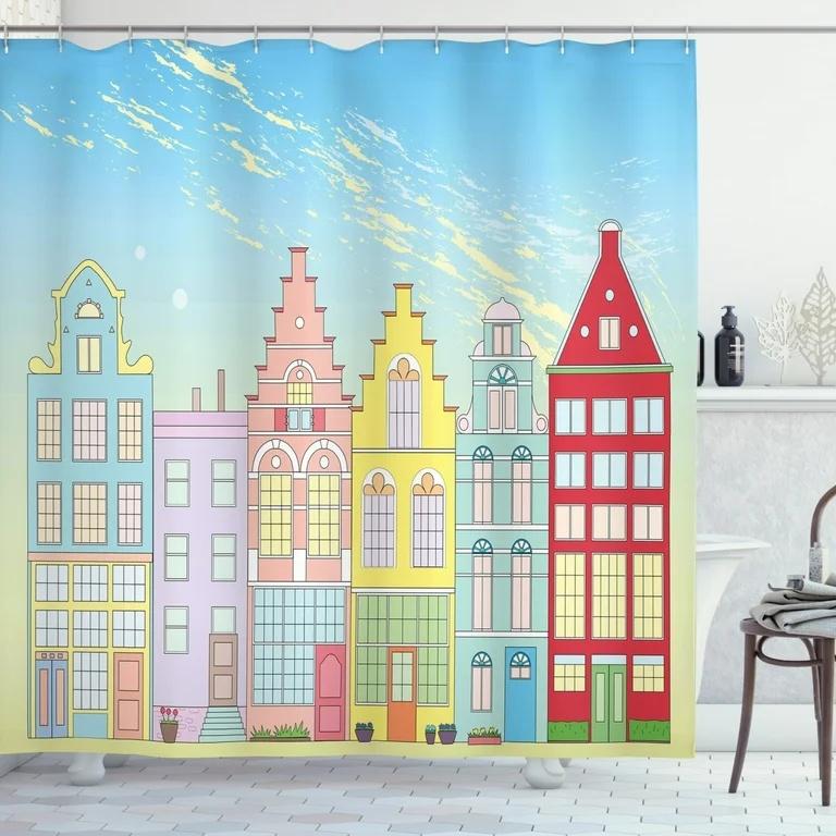 Building Shower Curtain Cityscape Urban Architecture Geometry Modern Art Bathroom Decor Bathtub Shower Curtain Liner With Hooks