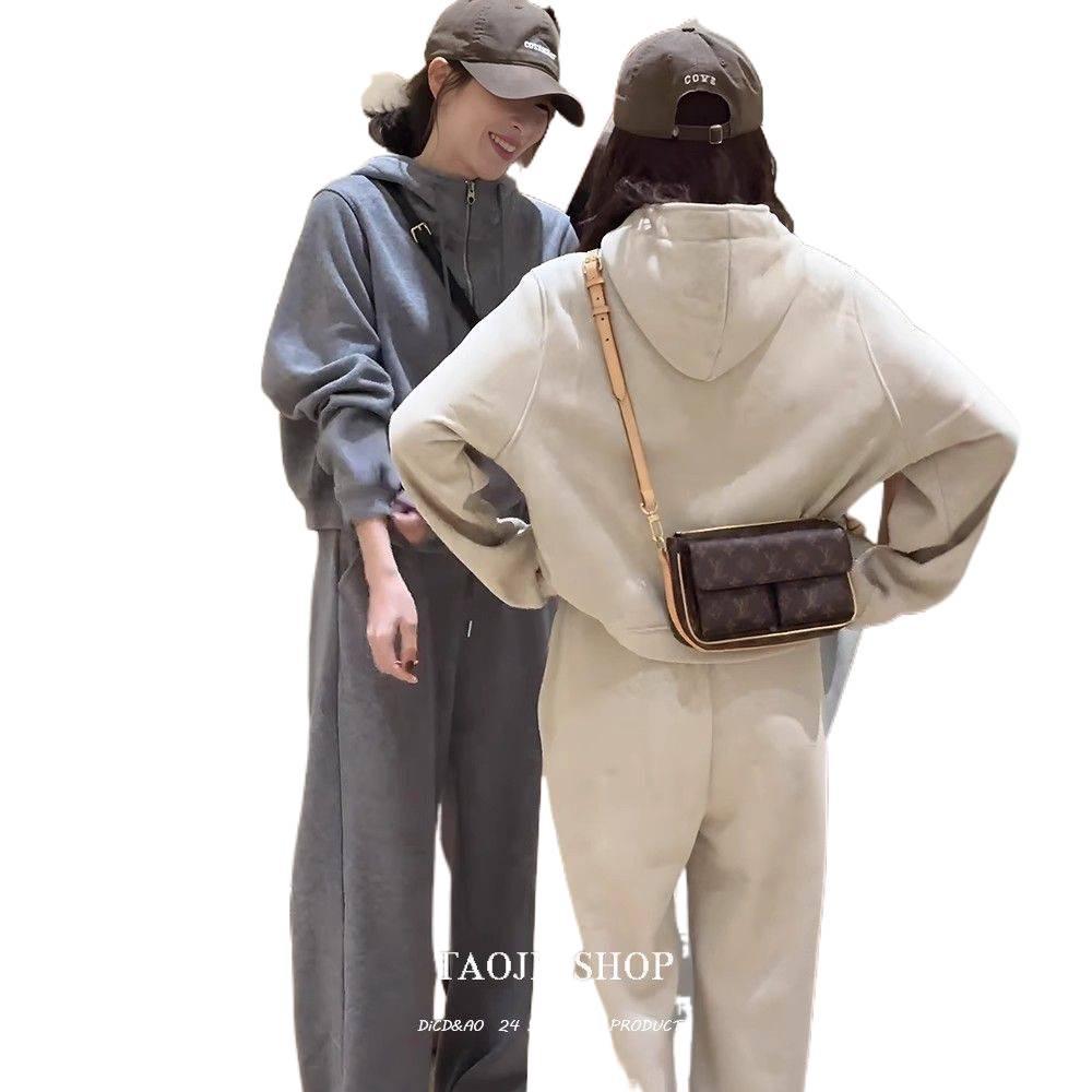 2026 Korean Style Hooded Sweatshirt & Elastic Waist Wide-Leg Pants Set for Women - Spring/Autumn Collection