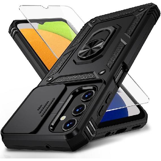 Vinve for Samsung Galaxy A03S Case with Slide Camera Lens Cover, HD Screen Protector, Military Grade Drop Protection, Magnetic Rotated Ring Holder