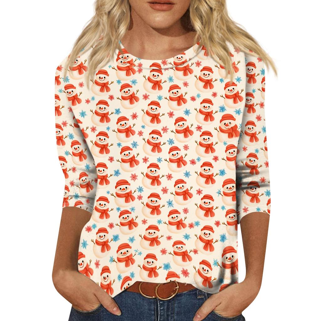 Women's Casual Christmas Printed Three-Quarter Sleeve Neck T-Shirt Tee Top