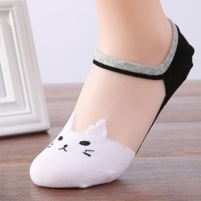 5 Pairs of Ladies Summer Cute Little Cat Transparent Shallow Mouth Ice Silk Lace Invisible Boat Socks