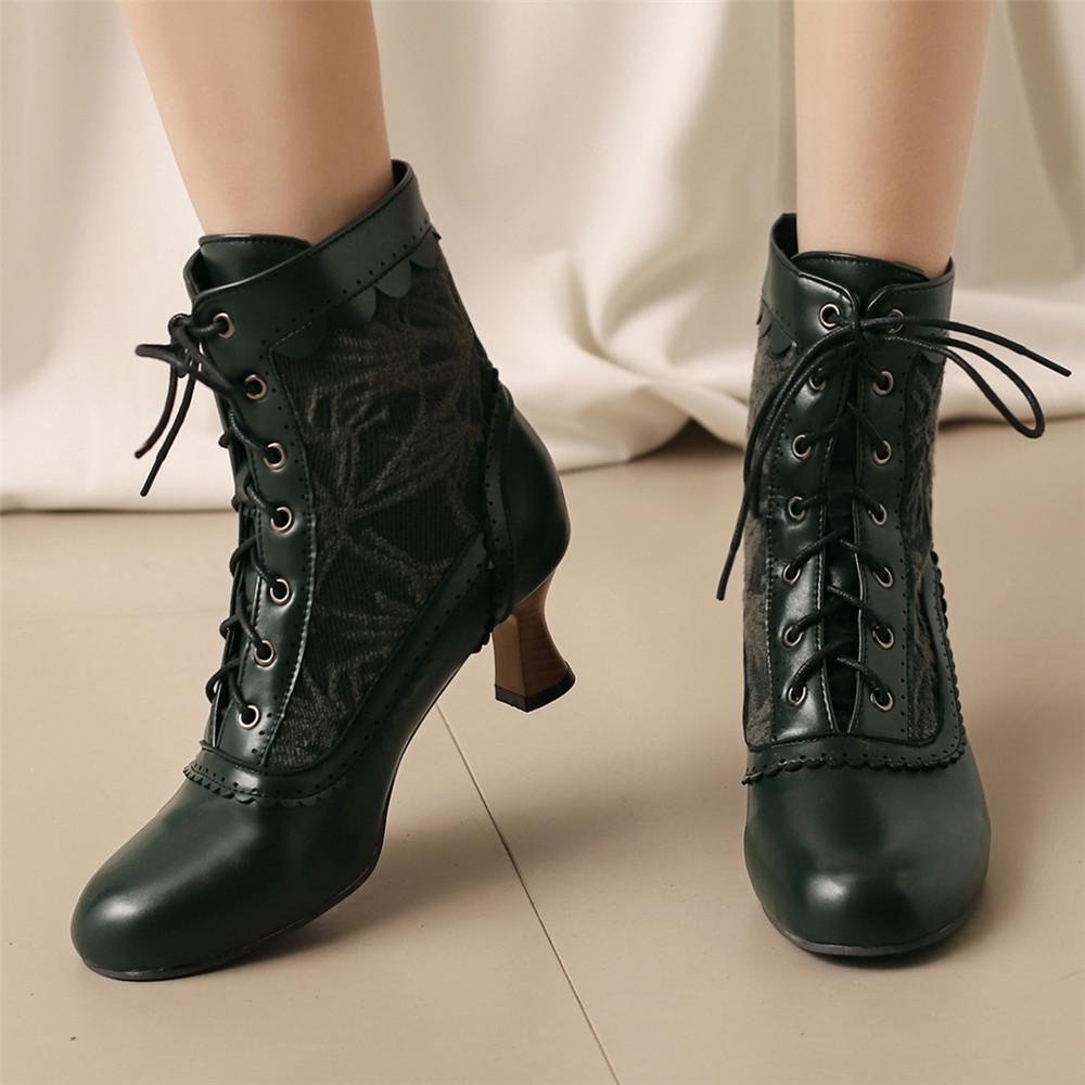 New Lace Up Ladies High Heel Shoes Strange Steampunk Boot Victorian Ankle Boots Women Pointed Toe Thick Soled Short Boots
