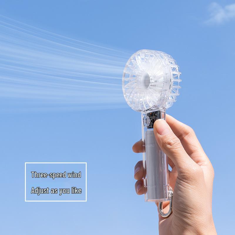 USB Rechargeable Transparent Handheld Mini Fan with Carabiner - Portable High-Power Desk and Outdoor Use