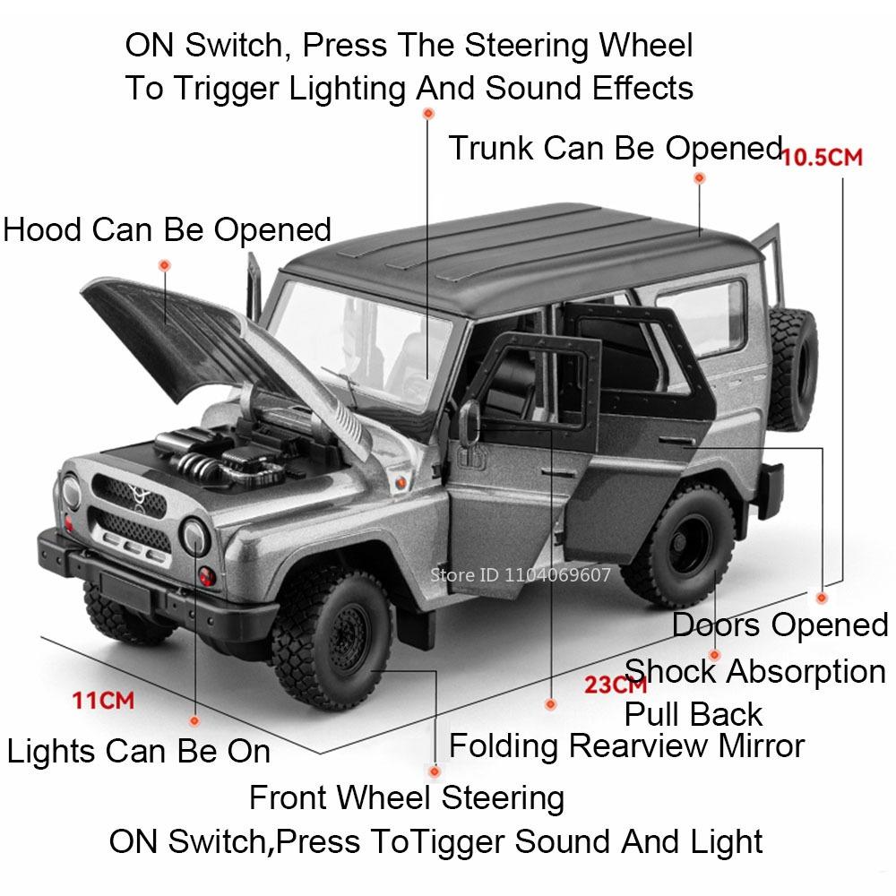 AAZS1 1:18 Russland UAZ Hunter Wohnmobil Modell Spielzeugautos Legierung Druckguss Sound Licht Türen Geöffnet Rückziehbar Simulation Geländefahrzeuge für Kinder