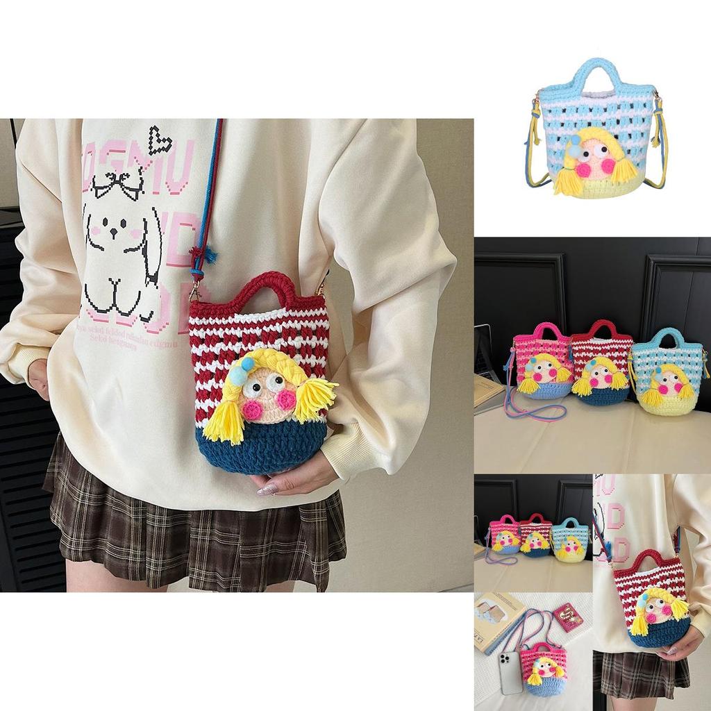 Cartoon Knitted Crossbody Bag With Shy Girl Design For Women Soft Lightweight Decorative Phone Pouch