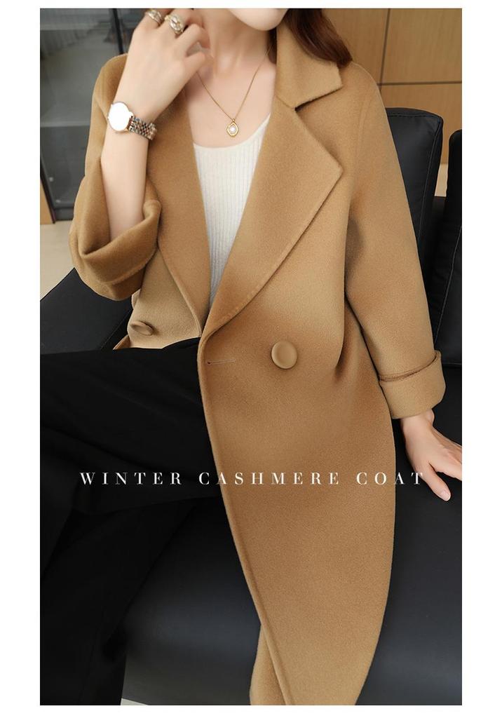 Women's Petite Mid-Length Double-Sided Wool Coat - Solid Color with Loose Seven-Sleeve Design