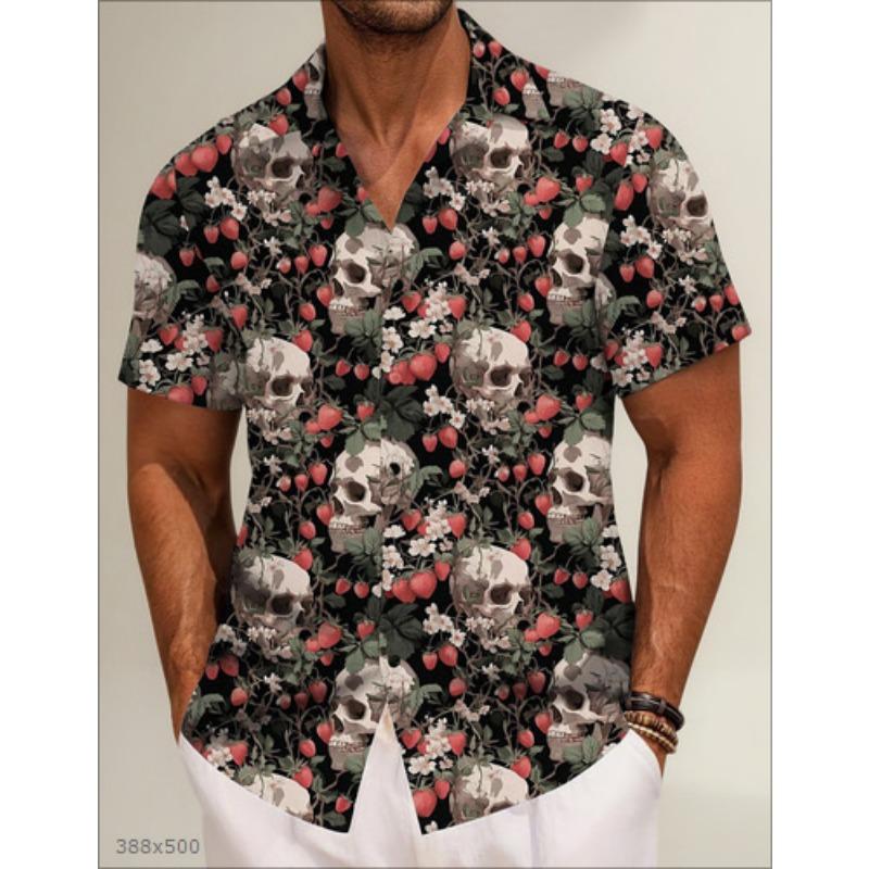 Мужская рубашка с темным цветочным принтом и черепами, ягодами, кубинским воротником, коротким рукавом, повседневный топ S