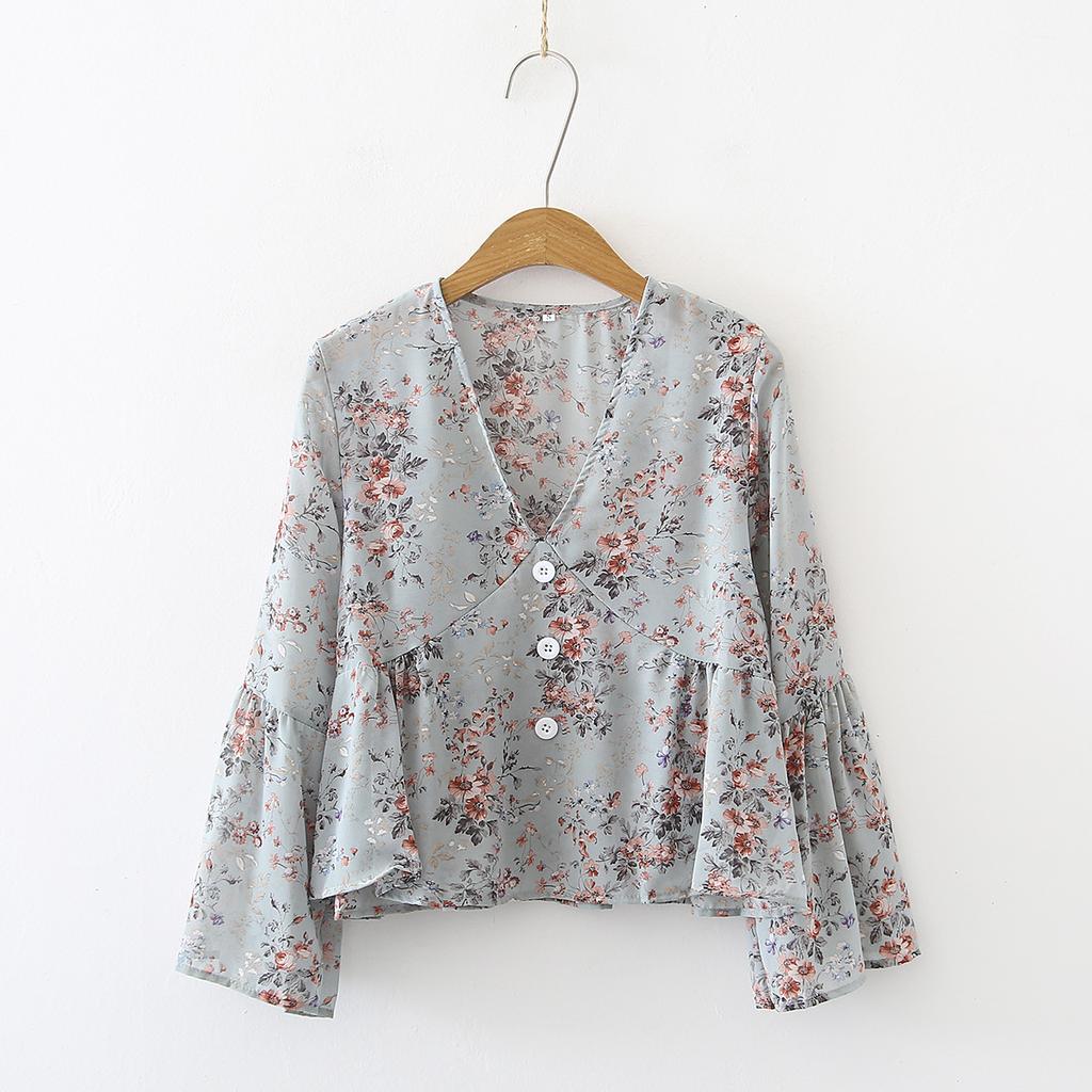 Button Up Skirt Doll Top Retro Floral V-neck Flared Sleeve Chiffon Shirt for Women