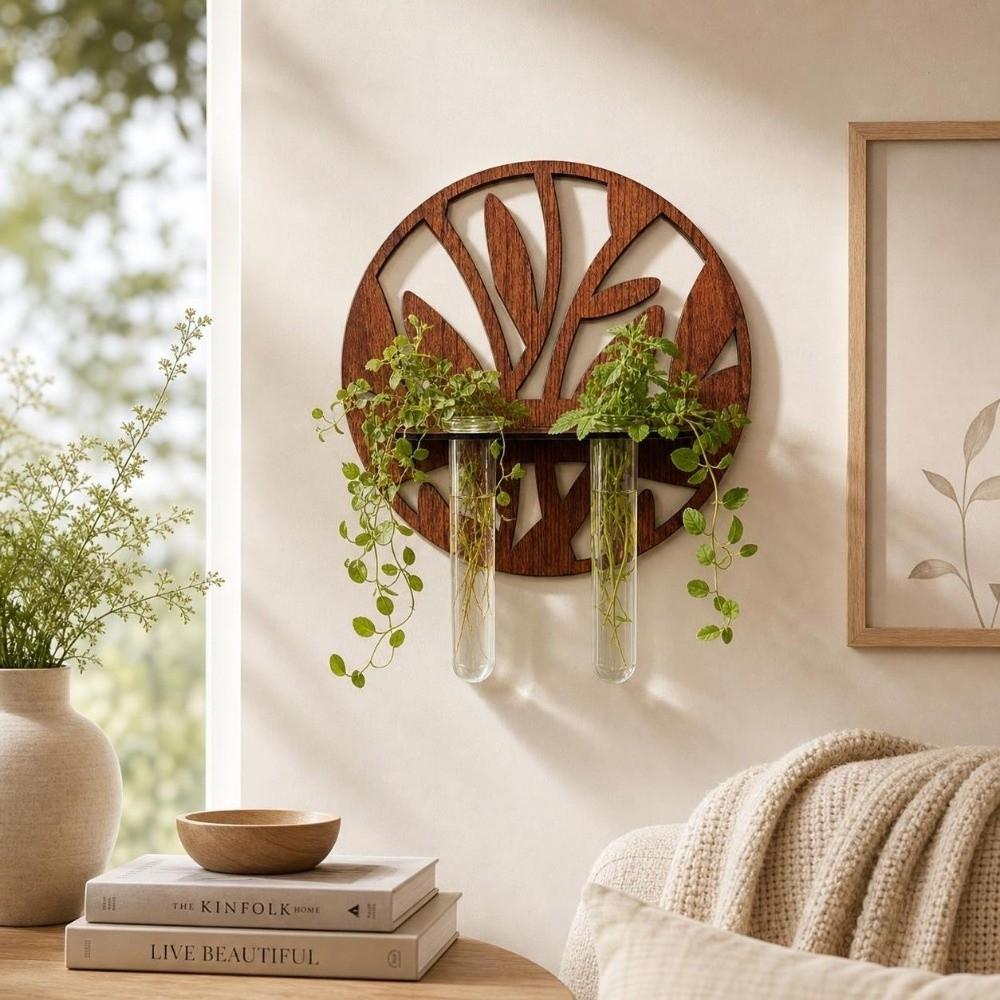 Wooden Hydroponic Planter Shelf Home Ornaments Retro Wall Mounted Planter Geometric Leaf Shape Flower Pot Home Decor
